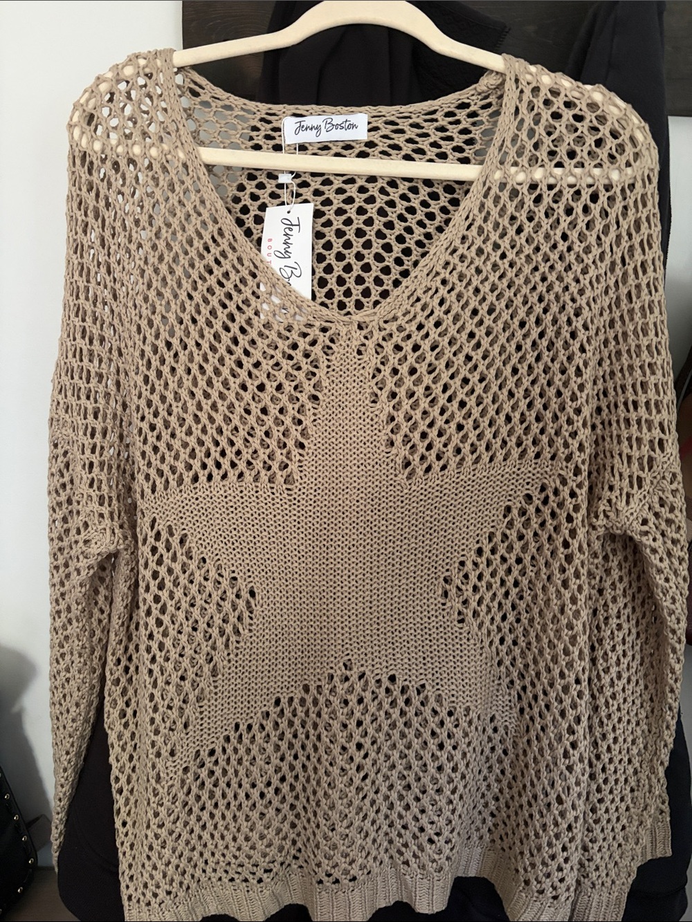 Jenny B. Beige Open-Weave Star V-Neck Sweater